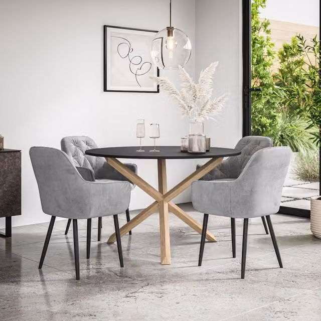More4Homes Malvern Round Dining Table and Anika Velvet Dining Chair Set, Black Table Top with Solid Oak Legs and 4 Grey Chairs, Diameter: 120 cm, Height: 75 cm