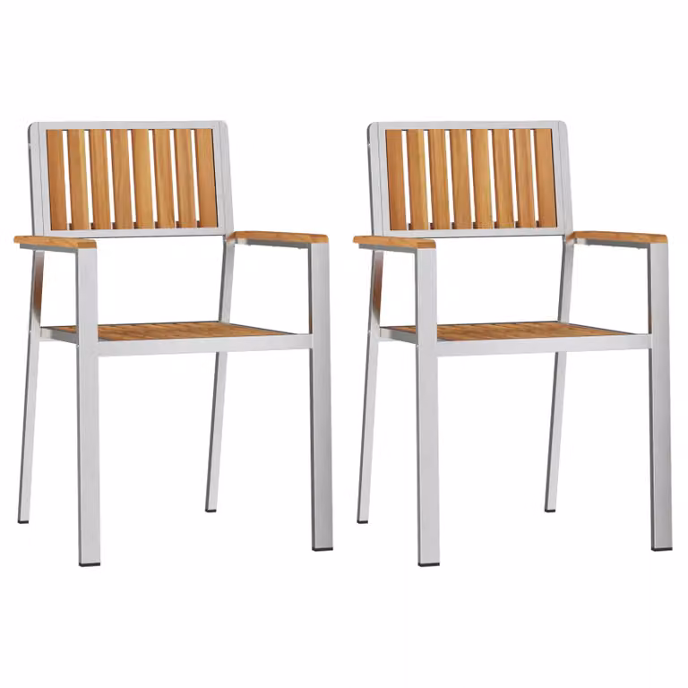 Berkfield Home Stackable Garden Chairs, 2 Piece Set in Silver Teak Wood and Stainless Steel