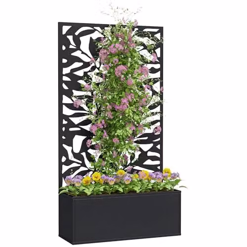 Outsunny Metal Garden Raised Bed with Trellis and Privacy Panel in Black