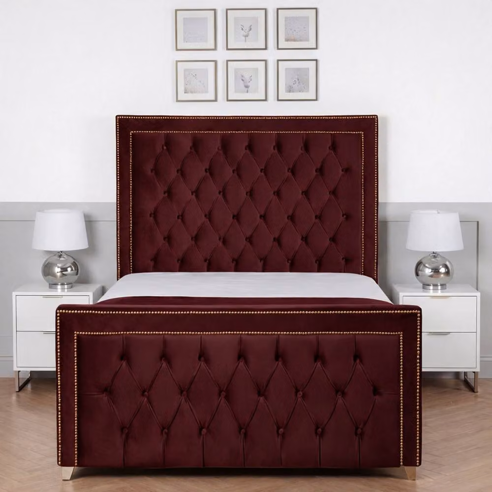 Living Comfort Bedz Metro Plush Velvet Upholstered Bed with Slatted Base and 48 Inch Headboard, Red, W/D/H: 140 x 200 cm – 2