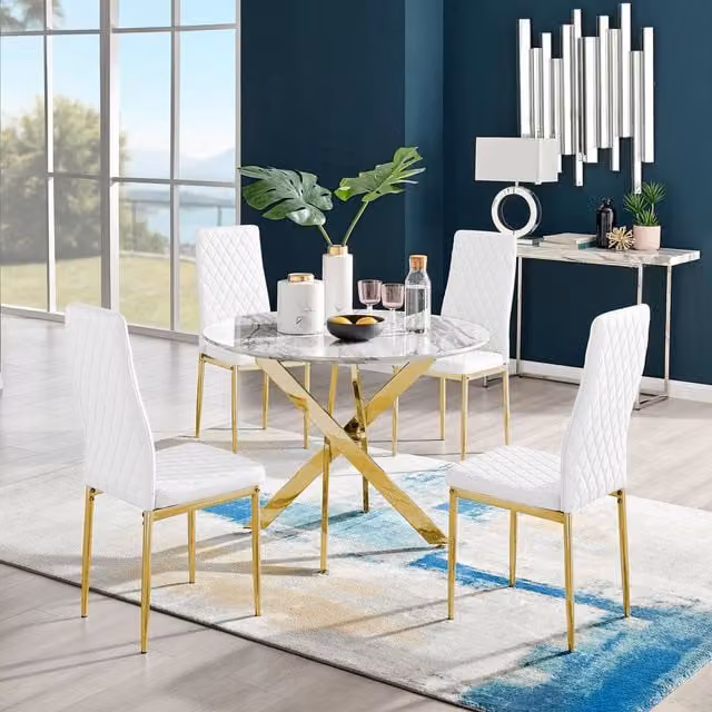 FurnitureboxUK Novara Round White Marble Dining Table and 4 Milan Gold Leg Chairs Set