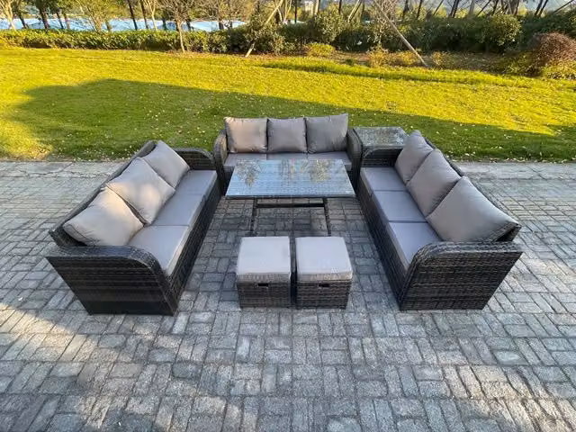 Fimous 11 Seater Grey Wicker Rattan Garden Furniture Set with Rectangular Dining Table, Side Table and 2 Small Footstools