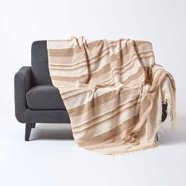 Homescapes Moroccan Striped Woven Cotton Throw in Beige and Brown, Width: 200 cm