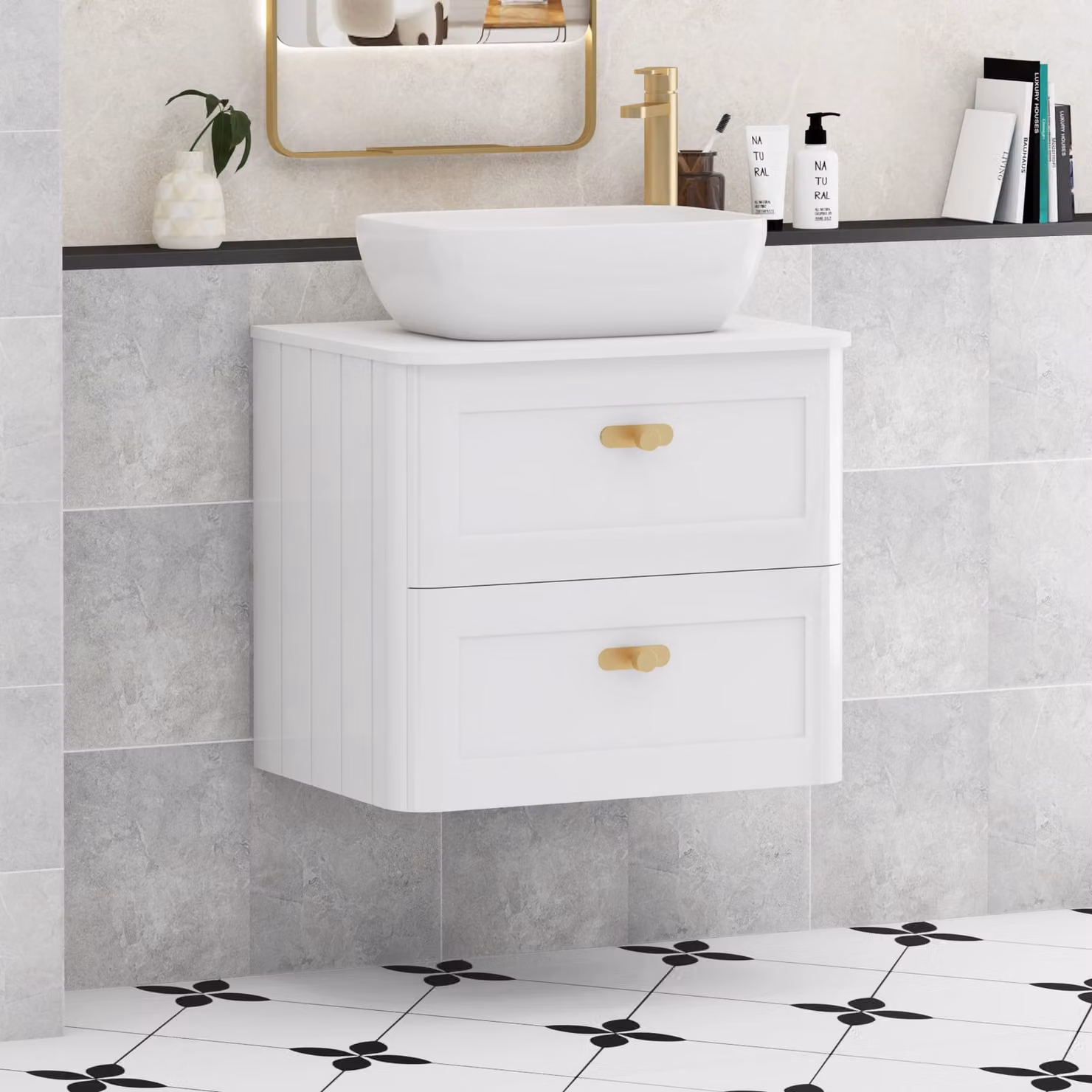 Royal Bathrooms Henley 600mm Gloss White Wall Hung 2 Drawer Vanity Unit with Elva Basin and Brushed Brass Knob