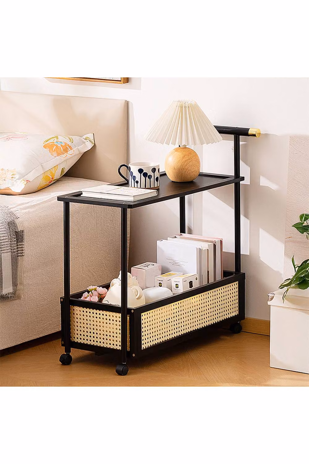 Living and Home 2-Tier Rolling Bamboo Side Table with Side Handle in Black – 2