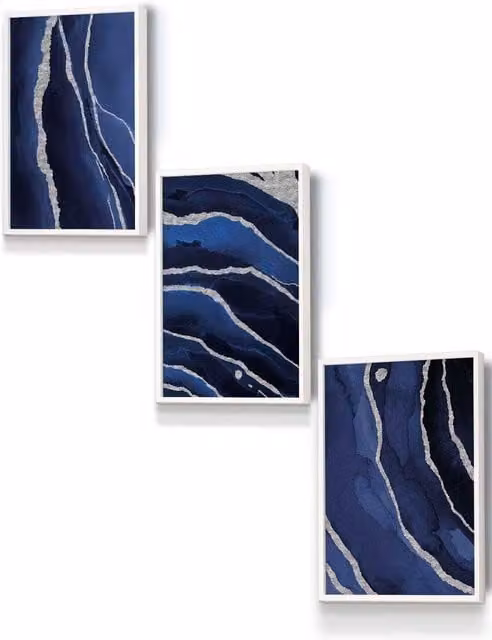 ARTZE Abstract Navy Blue and Silver Strokes Framed Wall Art in White, W: 33 cm, H: 45 cm, D: 0.2 cm