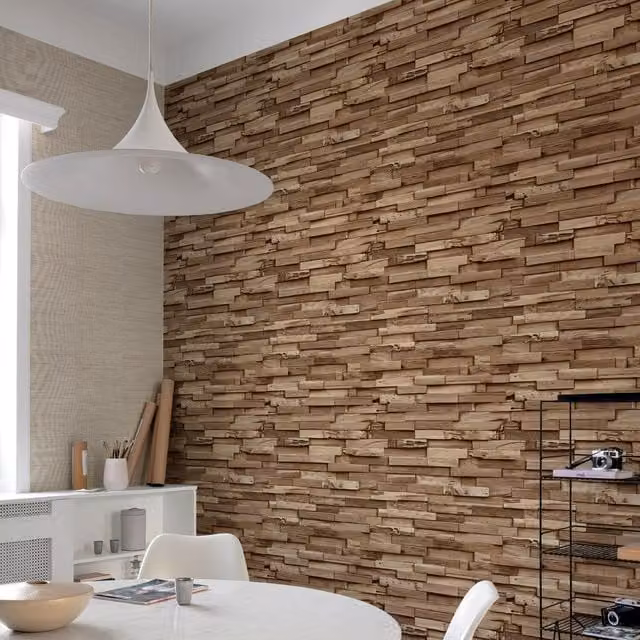 Grandeco Colorado Stacked Wood Block Plank Effect Textured Vinyl Wallpaper in Beige, Yellow and Brown