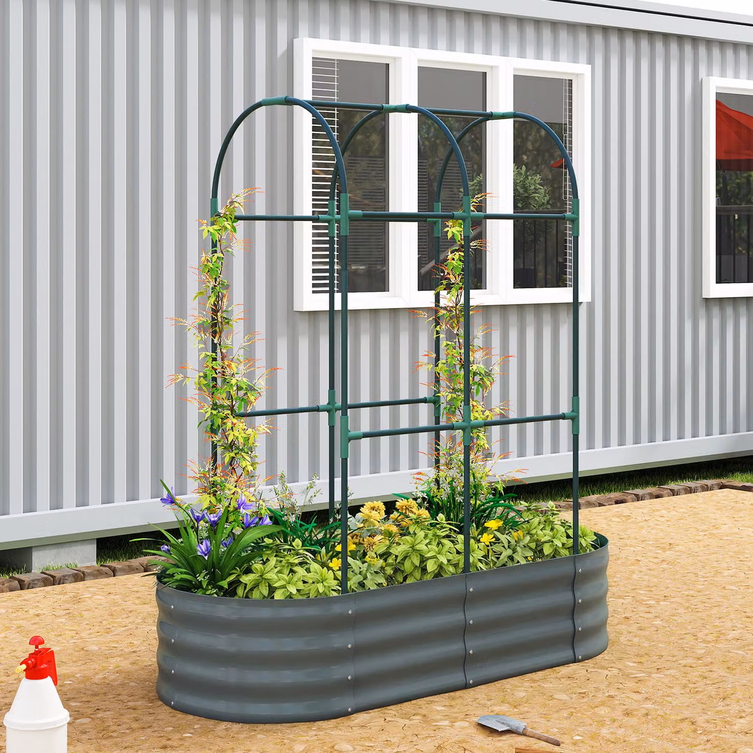 Outsunny Galvanised Steel Raised Garden Bed with Arched Trellis in Dark Grey, W: 121.92 cm, D: 60.0 cm, H: 140.2 cm – 2
