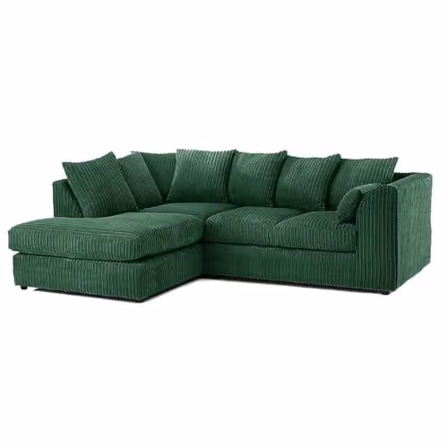 SofaSelection UK Left Hand L-Shape Corner Sofa in Green, Upholstered Cord Fabric 4 Seater Couch with Scatter Cushions and Removable Covers