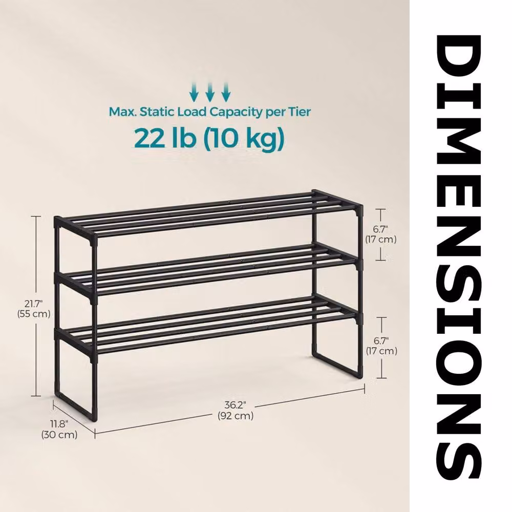 Pirlo Plush 3 Tier Metal Shoe Rack with Open Shelves in Black – 5