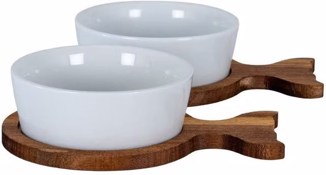 Lemon Pavilion Brown Acacia Wood and Ceramic Fishtail Serving Trays with Bowls, Set of 2 – 1