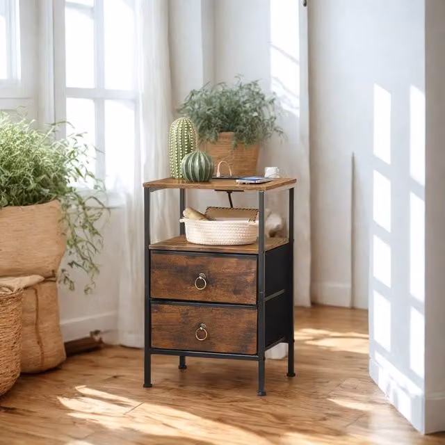 FURNOS Smart Bedside End Table with Drawers and USB Ports, Brown, W/D/H: 40 x 30 x 60 cm