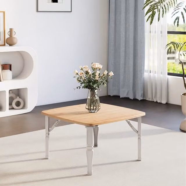 Komore Square Foldable Coffee Table in White and Wood Grain Finish, 60 x 60 cm
