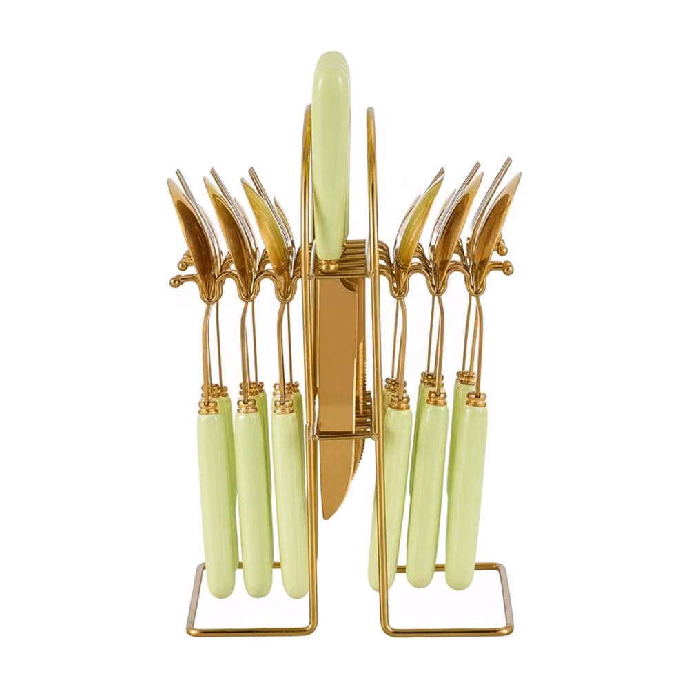Living and Home 24-Piece Polished Stainless Steel Cutlery Set with Ceramic Storage Case in Green and Gold – 3
