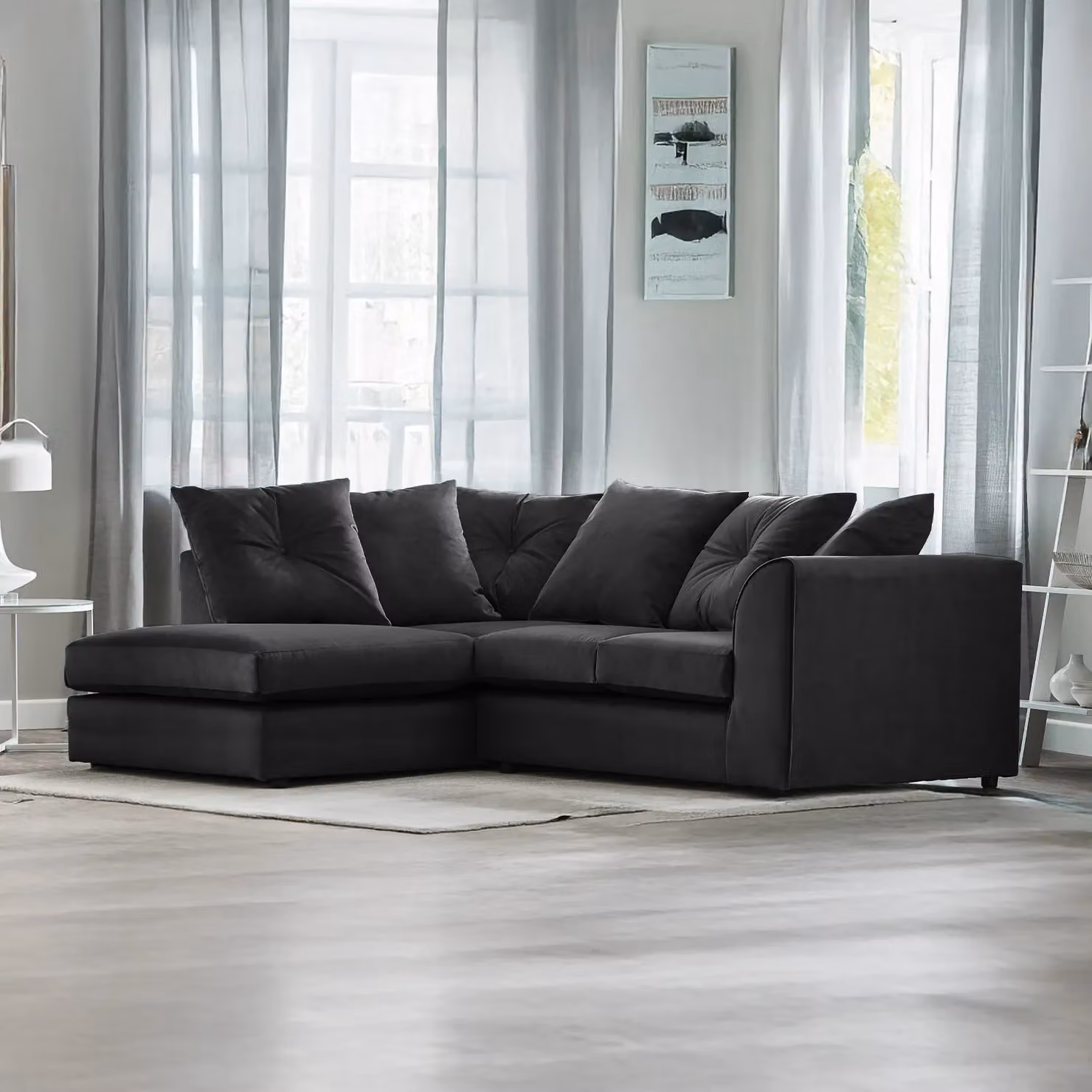 Furnishings For Less UK Fernando 3 to 4 Seater L Shaped Corner Sofa, Left Hand Facing, Black Soft Plush Velvet with Scatter Back – 2