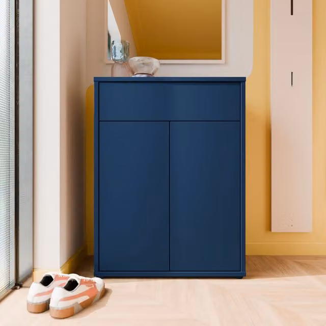 Furniture To Go Alice Springs Modern Shoe Cabinet in Light Grey and Night Blue with 2 Push-Open Doors and 1 Push-Open Drawer