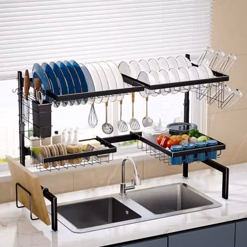 Levede 2-Tier Expandable Over the Sink Dish Drying Rack in Black with Cutlery and Cup Holders – 8