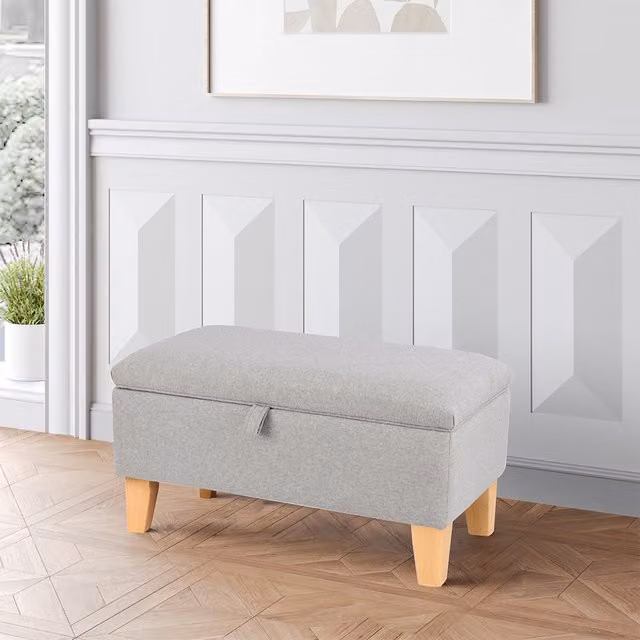 Livingandhome Linen Fabric Upholstered Storage Ottoman Pouffe in Grey, Diameter: 71 cm