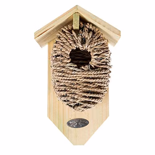 Homescapes Wooden Bird Box with Seagrass Nest in Beige and Brown