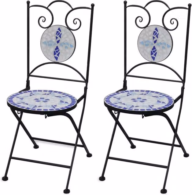 Berkfield Home Set of 2 Folding Bistro Chairs in Blue and White Ceramic and Powder Coated Steel – 1