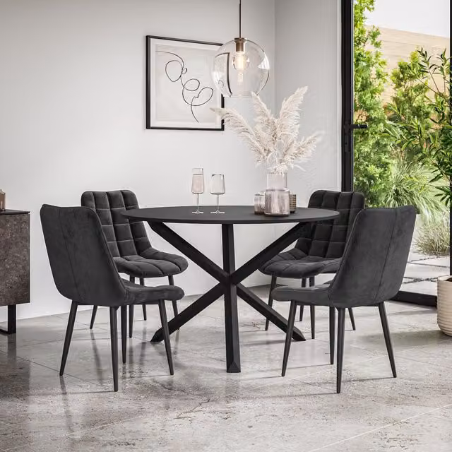 More4Homes Malvern Round Dining Table and Set of 4 Nova Velvet Dining Chairs, Black Table Top with Solid Oak Black Legs, Diameter: 120 cm, Height: 75 cm