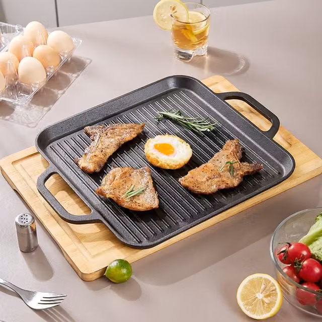 Livingandhome Uncoated Cast Iron Grill Pan, Black