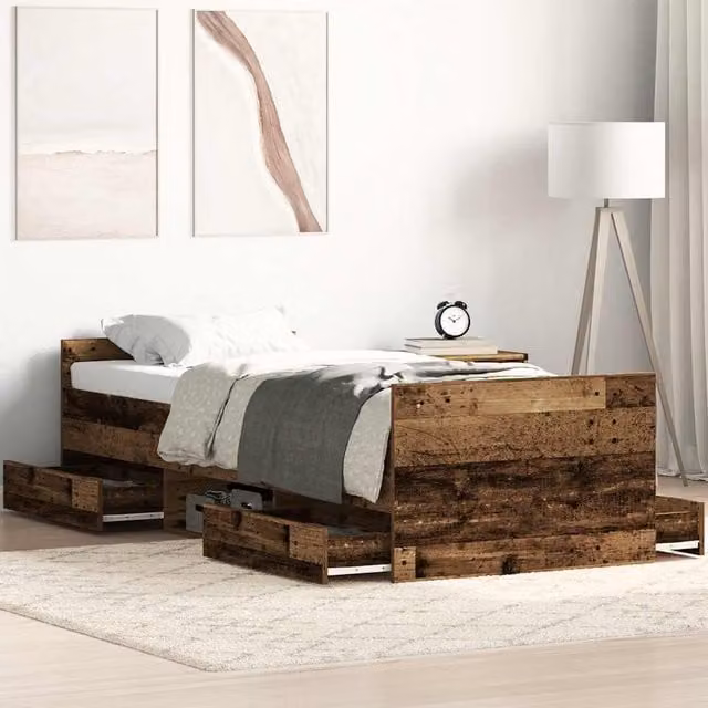 Berkfield Home Bed Frame in Brown Old Wood with Drawers, W/D/H: 90 x 200 cm