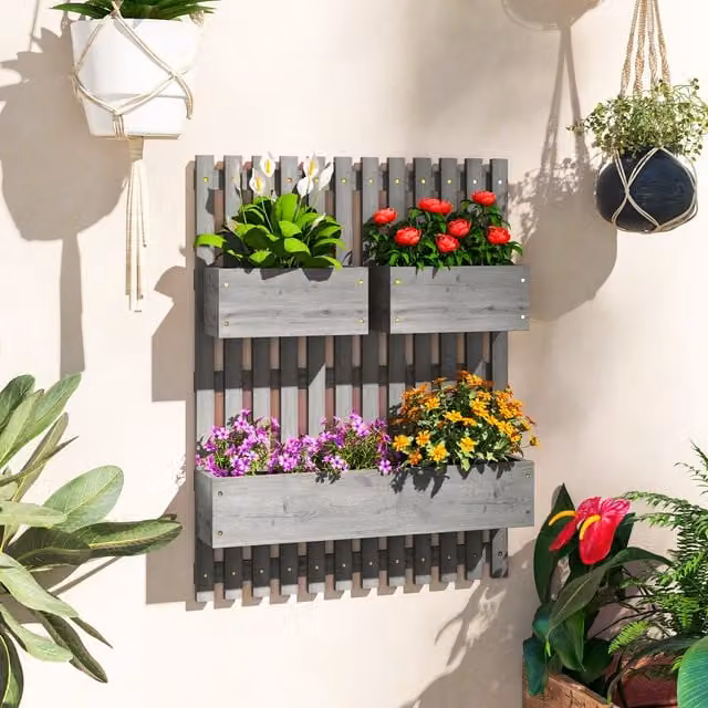 Outsunny Wall-mounted Grey Wooden Garden Planters with Trellis and 3 Planter Boxes