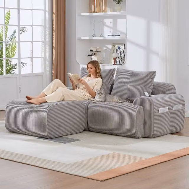 BTM Modular 2 Seater Corduroy Sofa with Matching Ottomans in Light Grey