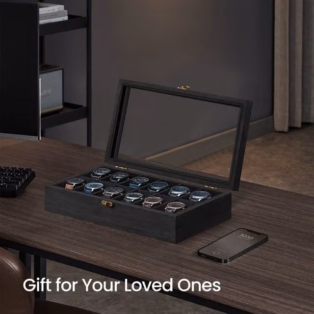 SONGMICS Solid Wood Watch Box with 12 Slots and Glass Lid, Black