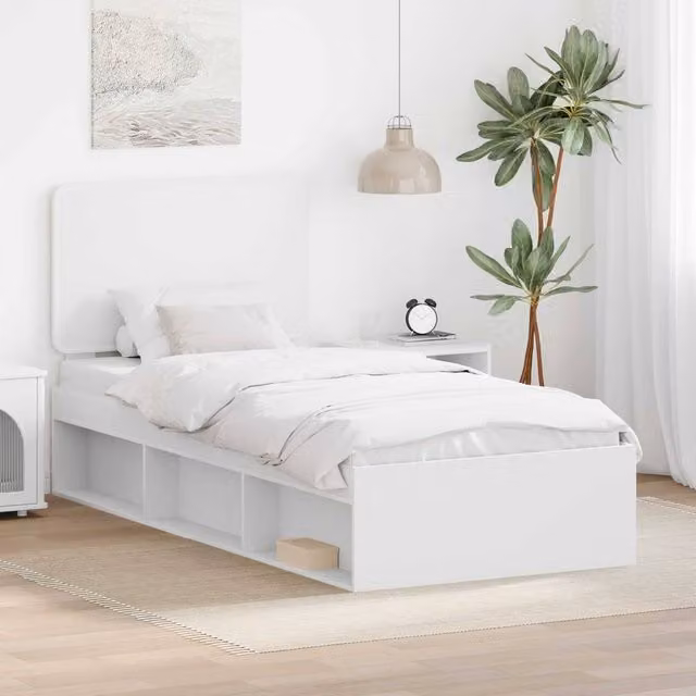 Berkfield Home White Solid Pine Wood Bed Frame with Headboard W/D/H: 90 x 190 cm