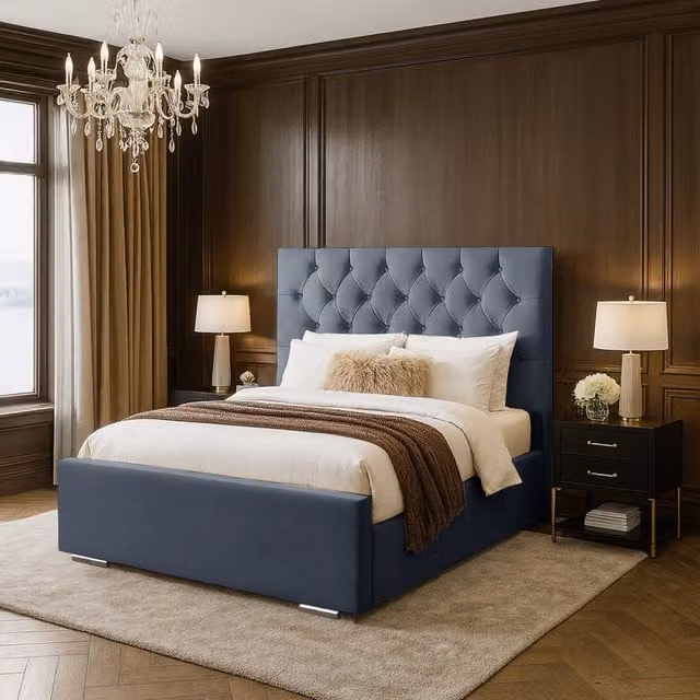 Desire Deco Lea Upholstered Velvet Bed Frame in Grey/Blue, W/D/H: 140 x 200 cm