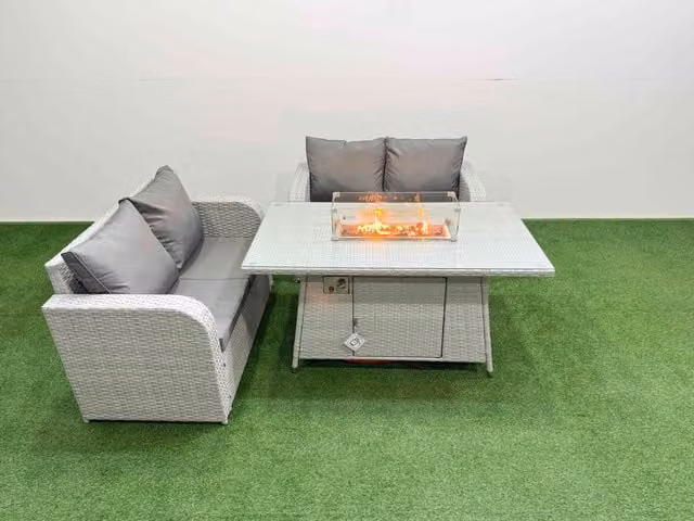 Fimous 4 Seater Rattan Garden Furniture Set with Firepit Dining Table in Light Grey
