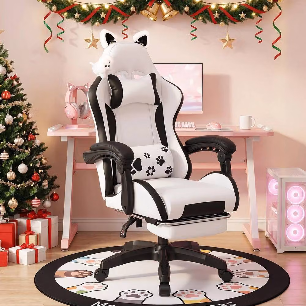 NESTLUNE White Gaming Chair with Dog Ears, Height Adjustable and 360 Degree Swivel – 5