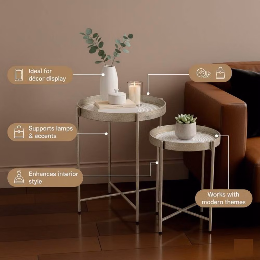 Minster Stylish Living Ltd Set of 2 Round Nested Tables with Silver Metallic Frame and Composite Tops – 4