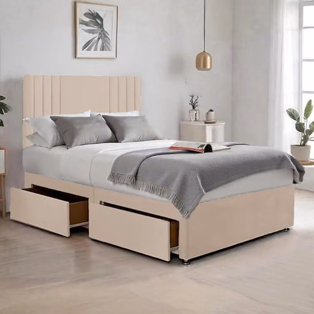Bed Time UK Plush Sawana Super King Bed with 20 inch Headboard, Hybrid Memory Foam Mattress and 2 Drawers in Beige