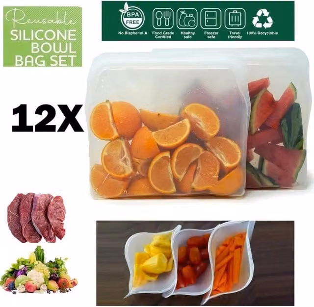 ATEK 12 Pack Reusable BPA Free Silicone Zip Lock Freezer Bags in Clear