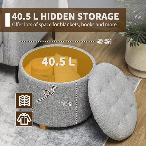 HOMCOM Round Storage Ottoman in Grey Bouclé Fabric with Wood Legs, Diameter: 45 cm – 3