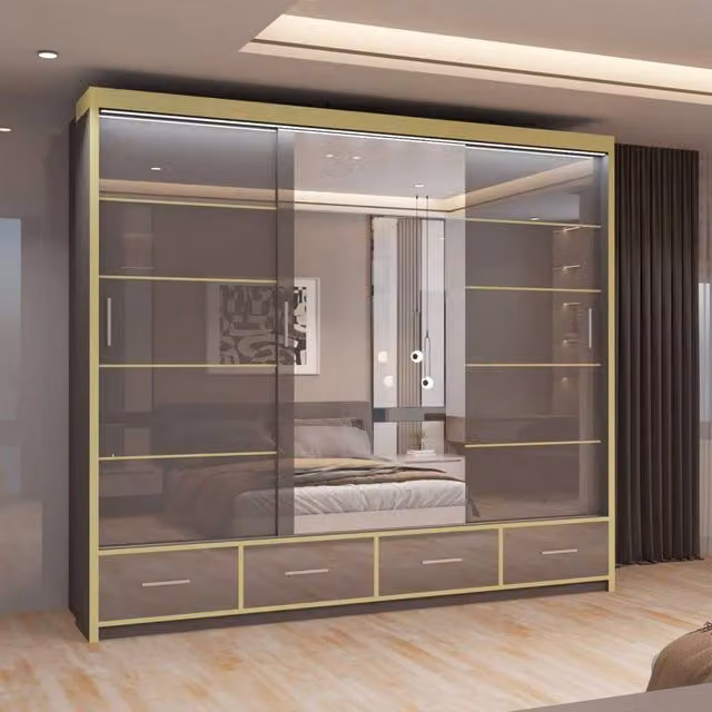 MN Furniture Modern High Gloss Sliding Mirror Wardrobe with Integrated LED Lighting in Grey and Gold, W: 253 cm, H: 220 cm – 1