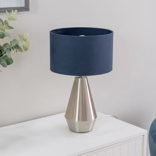 ValueLights Silver Metal Touch Dimmer Table Lamp with Blue Fabric Drum Shade – 2