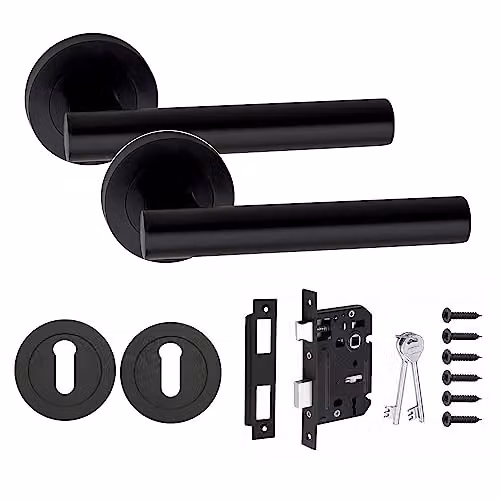 Golden Grace T-Bar Lock Door Handles on Rose in Matt Black Finish – 1