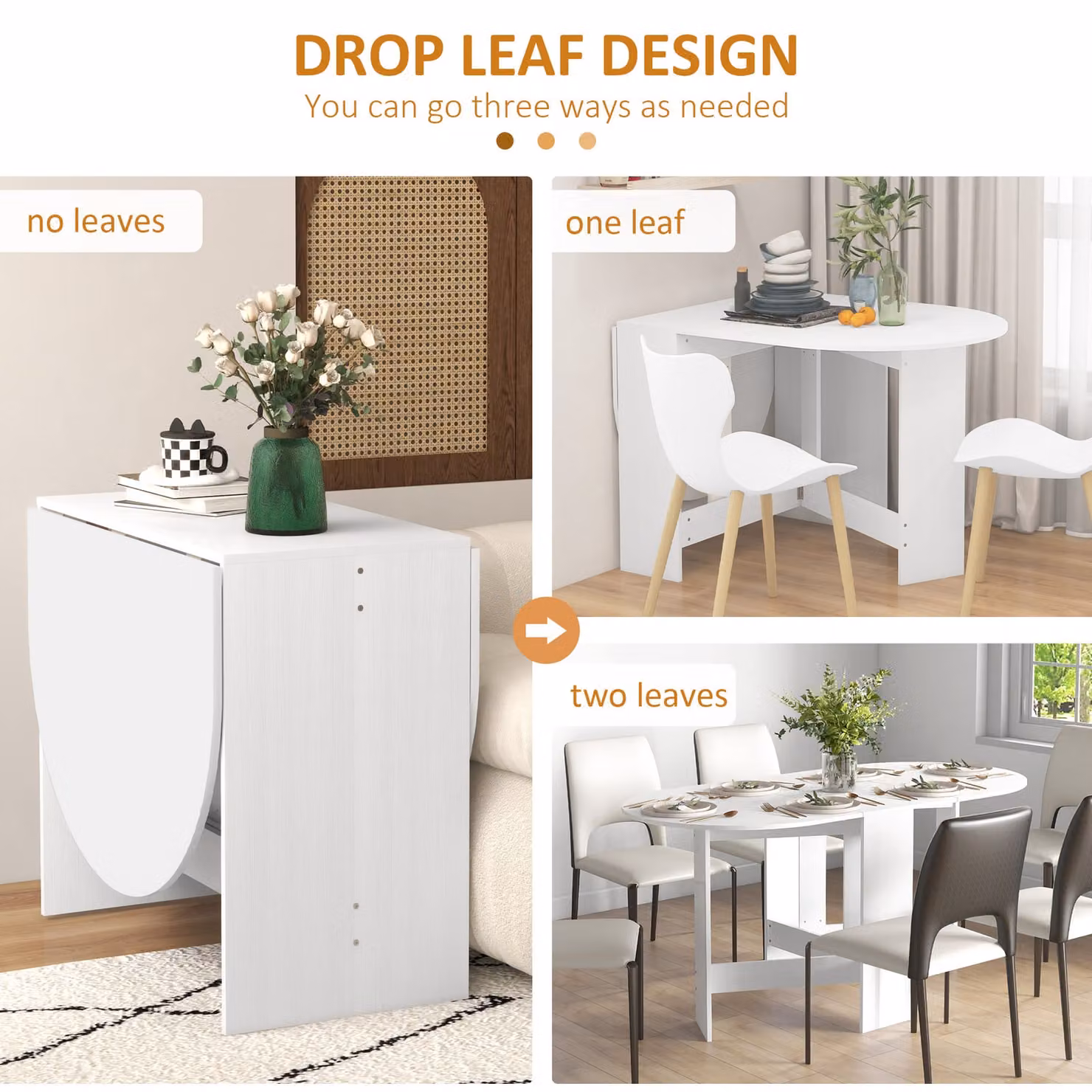 HOMCOM Modern Oval Drop Leaf Folding Dining Table in White with Ash Wood-Effect, W/D/H: 163 x 6.0 x 75.0 cm – 3