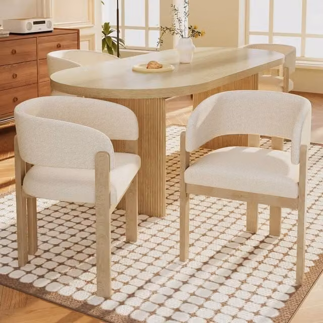 Rolipo Set of 4 Scandinavian Solid Wood Dining Chairs in Beige Boucle with Natural Finish – 1
