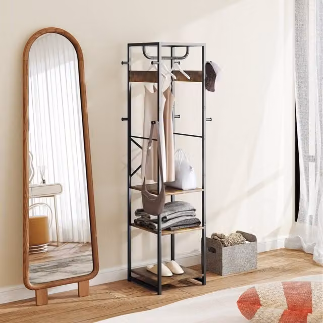HOMCOM Industrial Metal Clothes Rail with Storage Shelf and Hooks in Brown