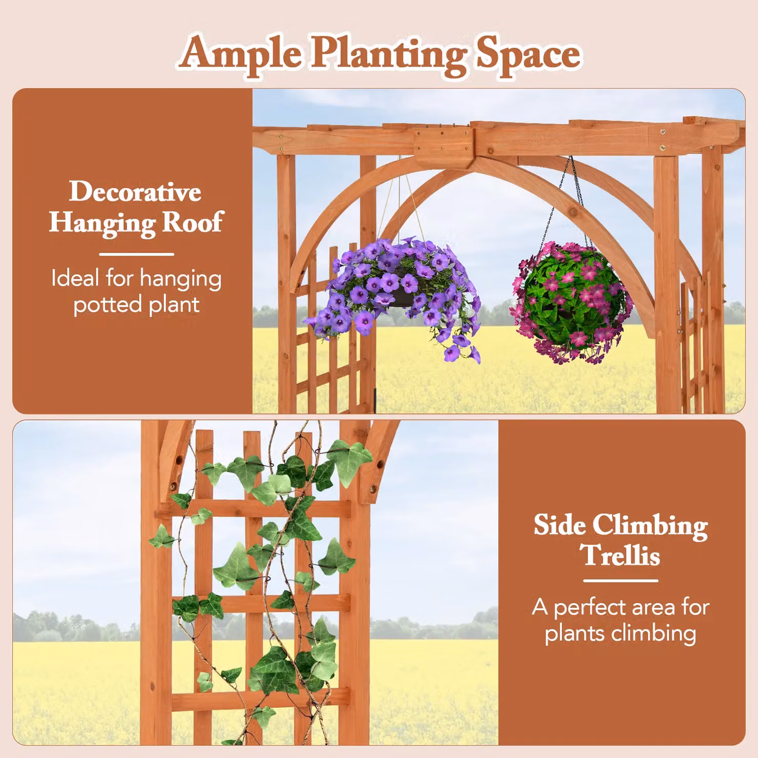 Gymax Wooden Garden Arbor Arch Trellis and Climbing Pergola in Khaki, H 211 x W 160 x D 60 cm – 2