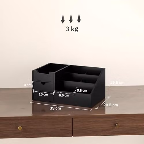 HOMCOM Bamboo Desk Organiser Holder Multi-Function Storage Caddy, Black, W: 20.5 cm, D: 15.5 cm, H: 20.5 cm – 7