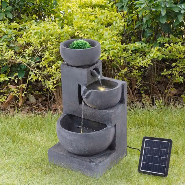 Livingandhome Solar-Powered Freestanding Outdoor Water Fountain in Grey Stone Finish