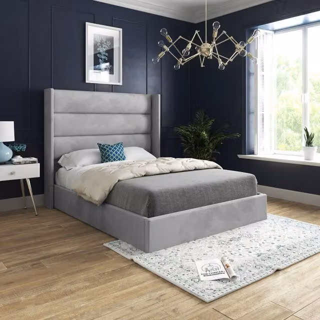 KDMD Nuno Straight Winged Upholstered Velvet Bed Frame in Grey, Size: 180 x 200 cm