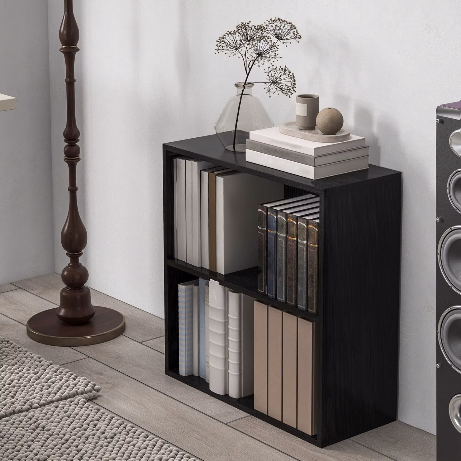 HOMCOM 2 Tier Low Bookcase with Adjustable Shelves in Black – 6