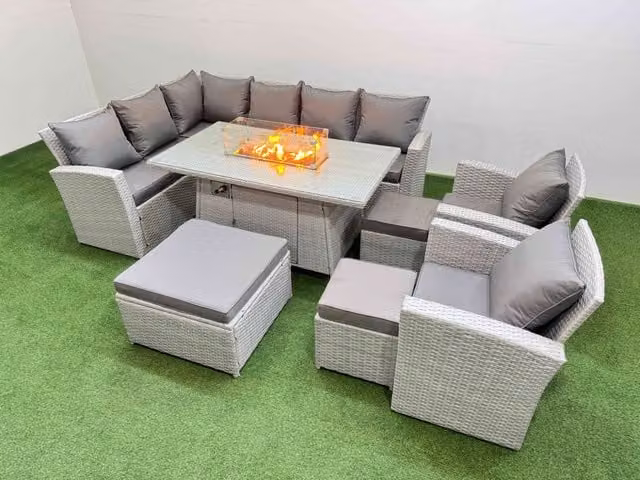 Fimous Rattan L-Shape Corner Sofa Set with Gas Fire Pit Table and 3 Footstools in Light Grey